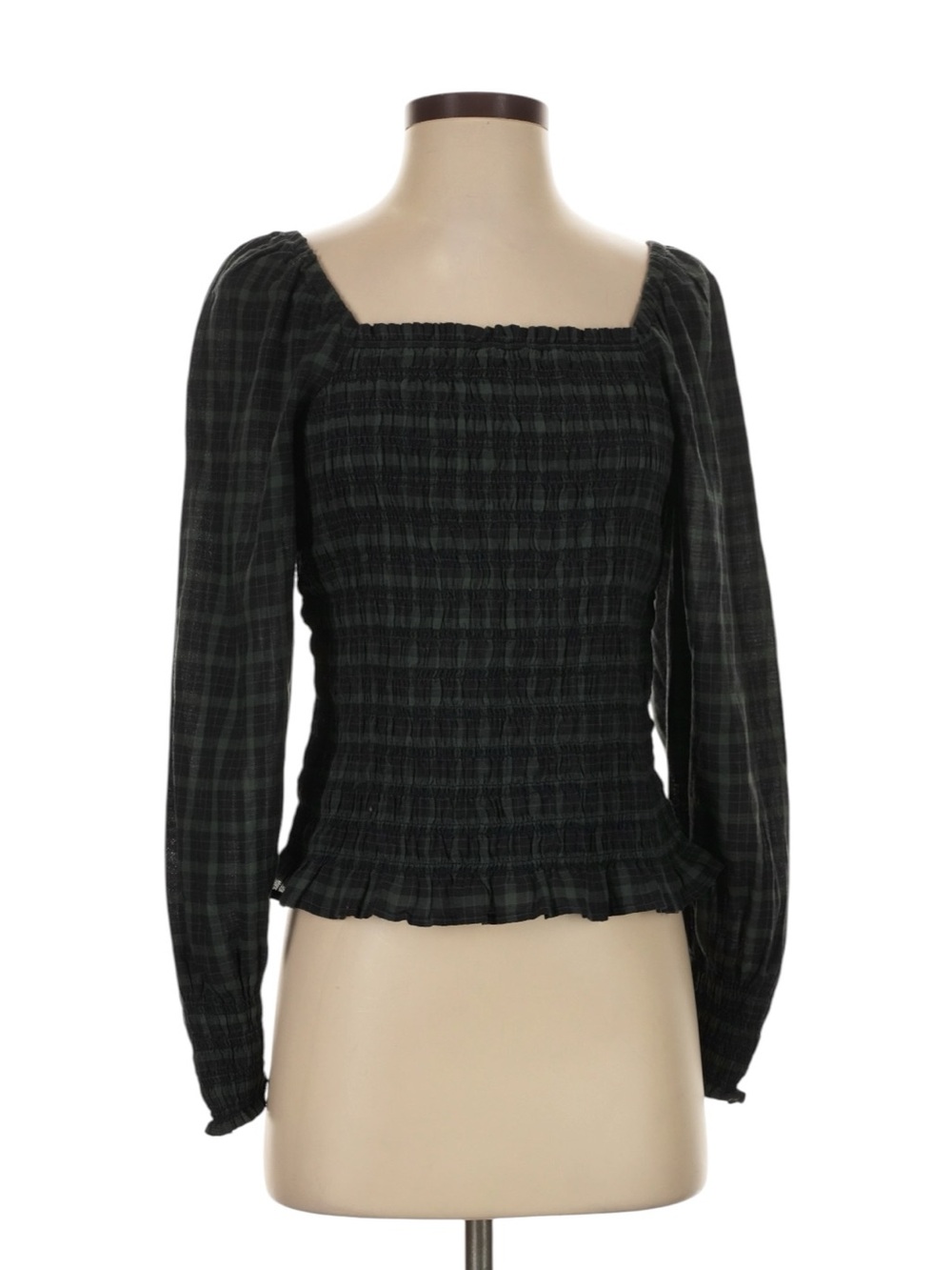 Madewell Lucie Bubbble Sleeve Smocked Top Size Small Green Tartan Plaid NWT
